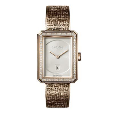 Chanel Boy-Friend Tweed M Beige Gold Diamond Bezel H5315 - Luce Jewelry